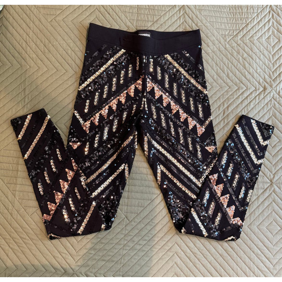 Express Black Sequin Embellished Leggings Party Sparkle Statement - Picture 2 of 9